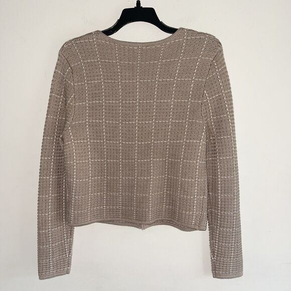 Alex Marie Brown Cardigan L Wool Sweater Flower Button White Grid Long Sleeve - Picture 5 of 12